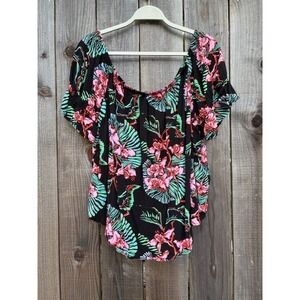 Levis Floral Print Off Shoulder Blouse Tropical Top Black Pink Green 2X